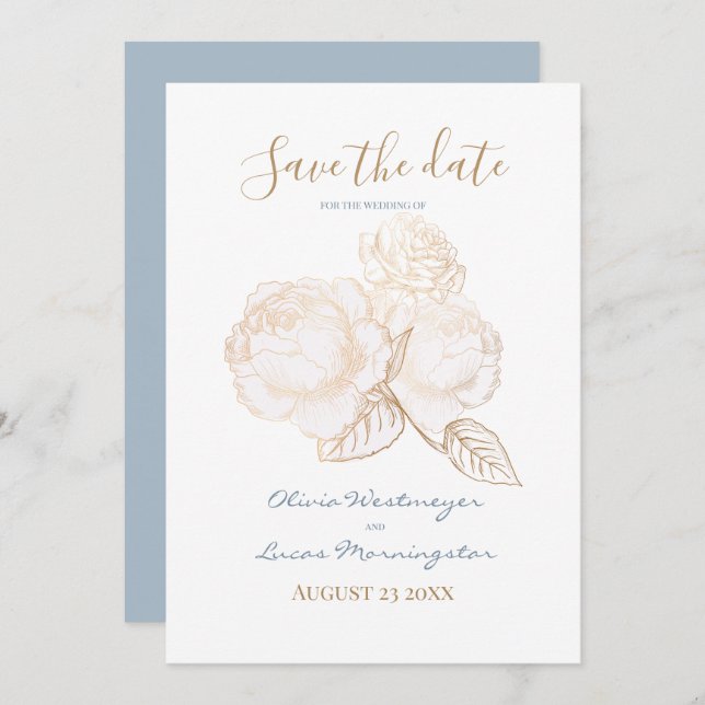 Gilded Rose Dusty Blue Ivory Save the Date Invitation (Front/Back)