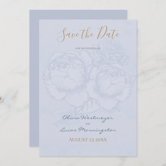 Gilded Rose Dusty Blue Watercolor Save the Date Invitation (Front/Back)