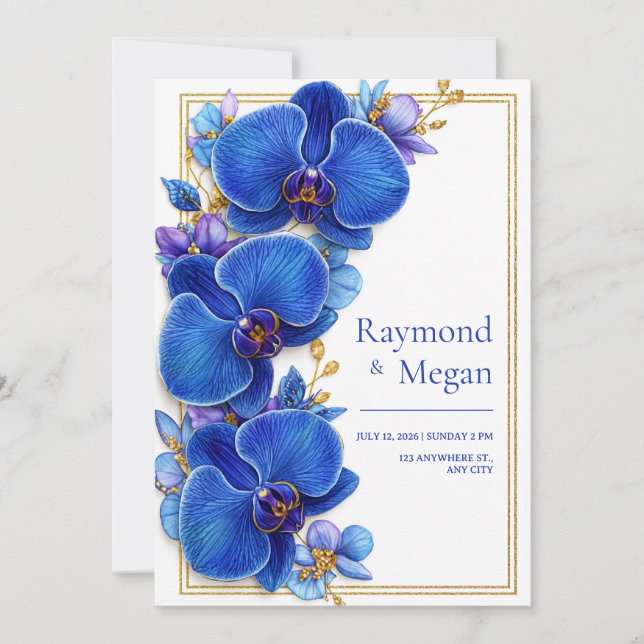 Gilded Royal Blue Orchid Botanical Wedding Invitation (Front)