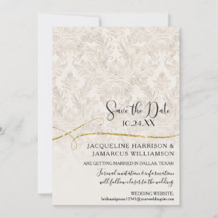 Gilded Scroll Damask Ivory Gold Save the Date