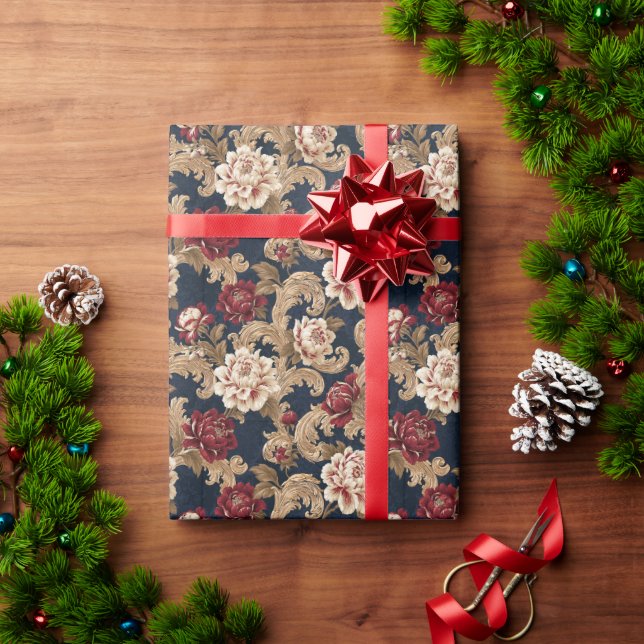 Gilded Scrollwork Variegated Peony Navy Wrapping Paper (Holiday Gift)