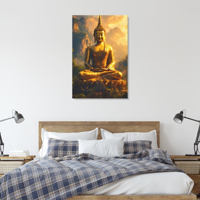 Gilded Seated Buddha Under a Sunset Sky Canvas Print (Insitu(Bedroom))