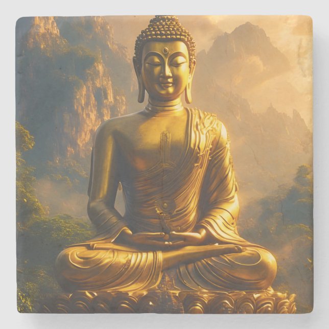Gilded Seated Buddha Under a Sunset Sky Stone Coaster (Front)