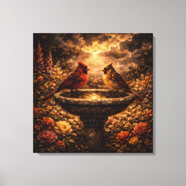 Gilded Shadows: Cardinal Pair & Stone Fountain Canvas Print (Front)