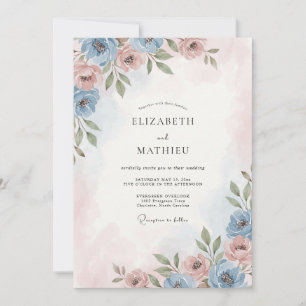 Gilded Sky Blue Blush Rose Wedding Invitation