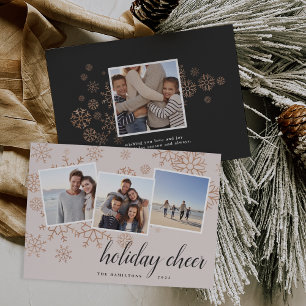Gilded Snow Rose Gold Snowflake Photo Collage Holiday Card