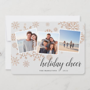 Gilded Snow Rose Gold Snowflake Photo Collage Holiday Card