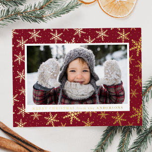 Gilded Snowflakes Photo Burgundy and Gold Foil Holiday Postcard