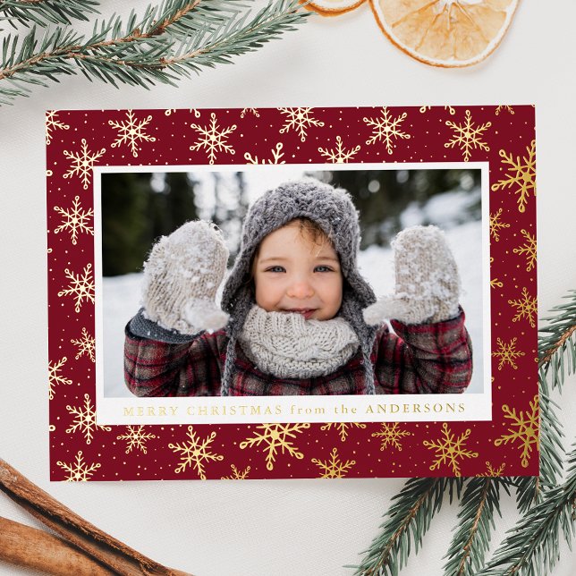 Gilded Snowflakes Photo Burgundy and Gold Foil Holiday Postcard (Creator Uploaded)