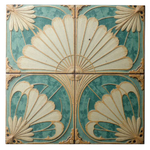 Gilded Teal and Cream Fans Tile