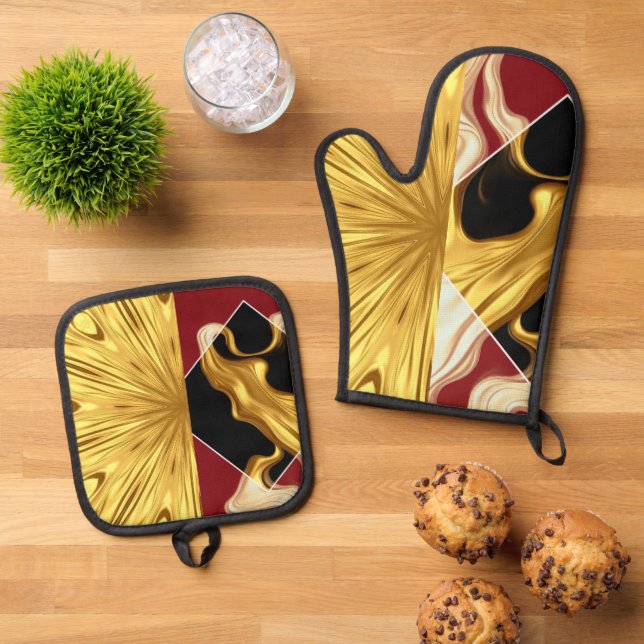 Gilded Zenith Opulent Swirl Crimson & Gold Luxury Oven Mitt & Pot Holder Set (Top Down)