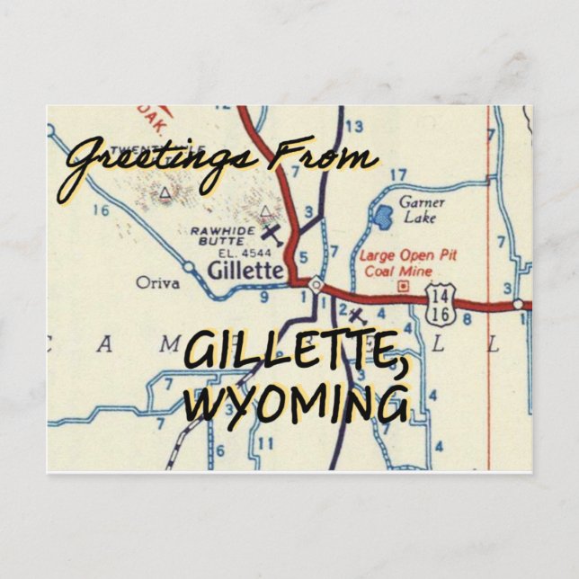 Gillette Wyoming Vintage Map Postcard (Front)