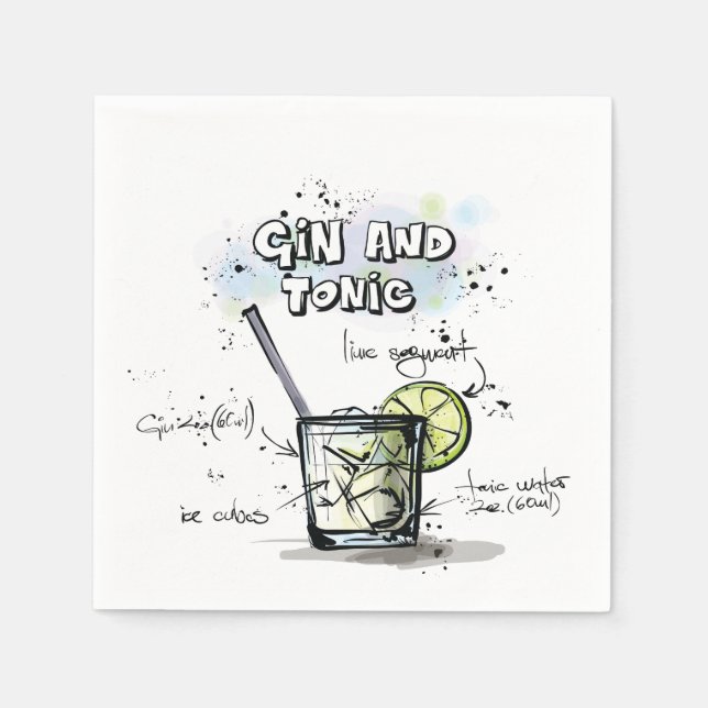 Gin and Tonic Drink Recipe Cocktail Napkin (Front)