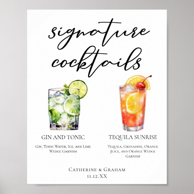 Gin and Tonic Tequila Sunrise Cocktails Menu Poster (Front)