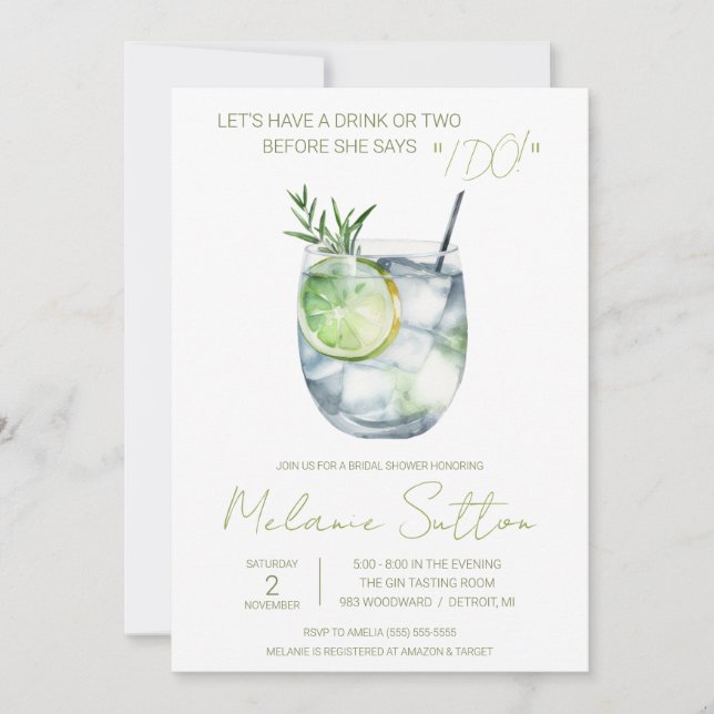 Gin & Tonic, Cocktail, Drinks, Bridal Shower Invitation (Front)