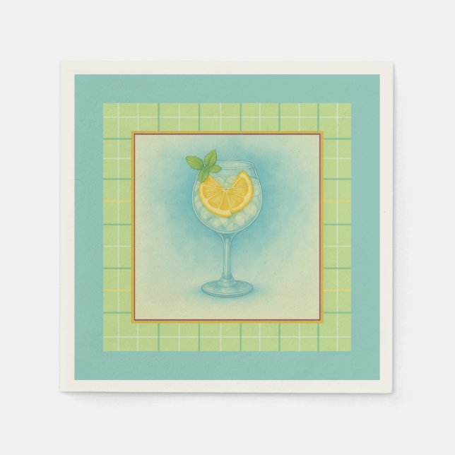Gin & Tonic Cocktail Napkin – Mint Plaid (Front)