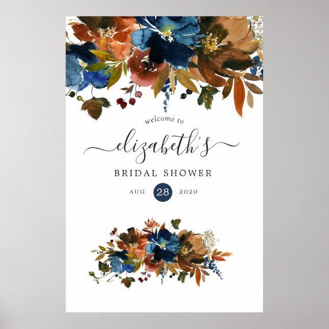 Ginger and Navy Floral Bridal Shower Poster (Front)