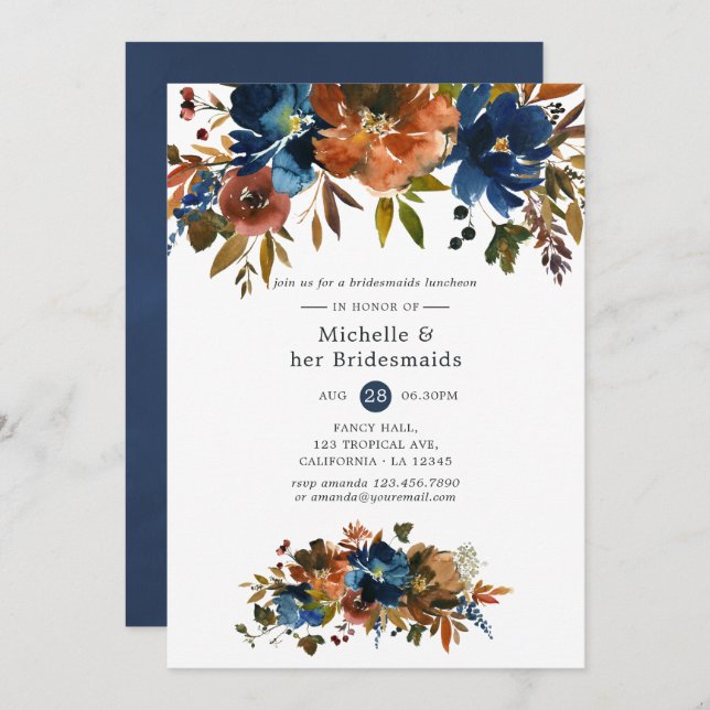 Ginger and Navy Floral Bridesmaids Luncheon Invitation (Front/Back)