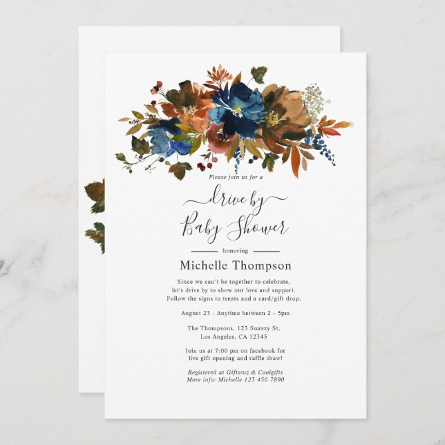Ginger and Navy Floral Drive By Shower Invitation (Front/Back)