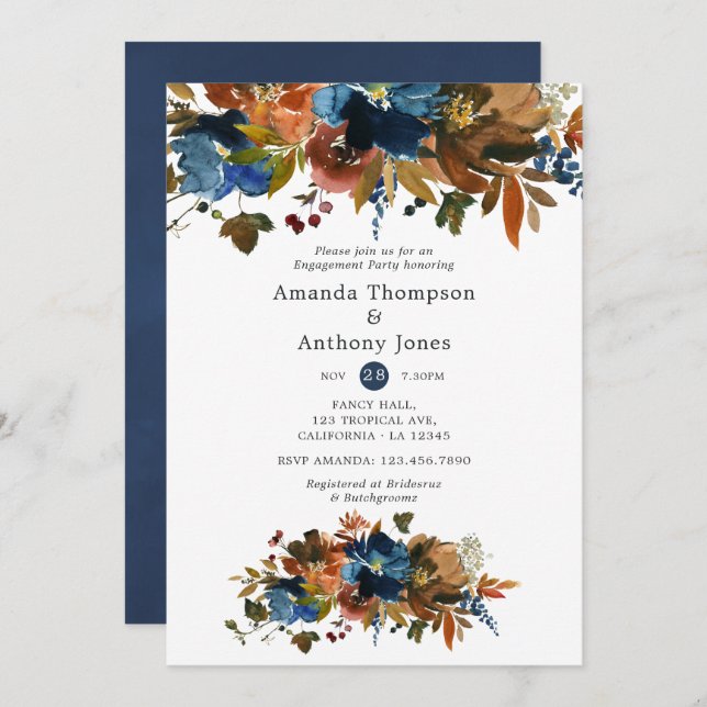 Ginger and Navy Floral Engagement Party Invitation (Front/Back)