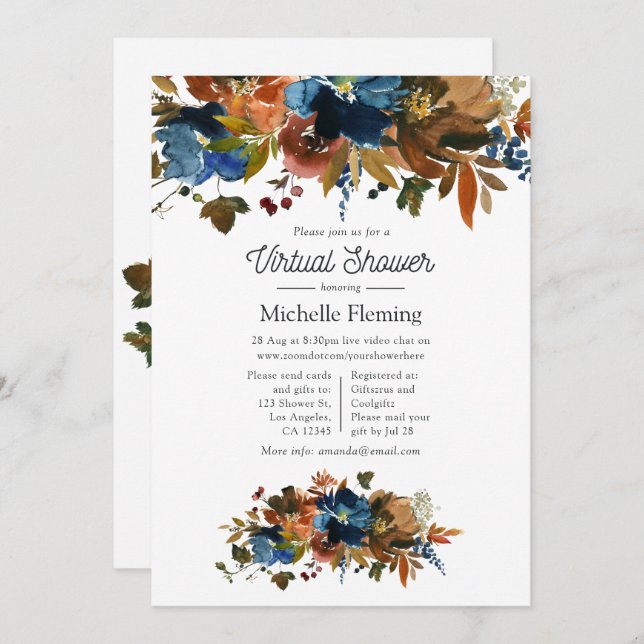 Ginger and Navy Floral Virtual Baby Shower Invitation (Front/Back)