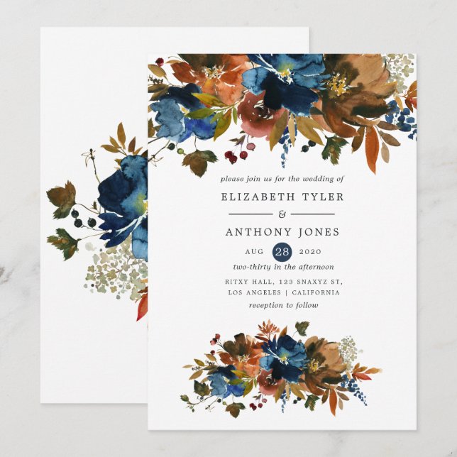 Ginger and Navy Floral Wedding Invitation (Front/Back)