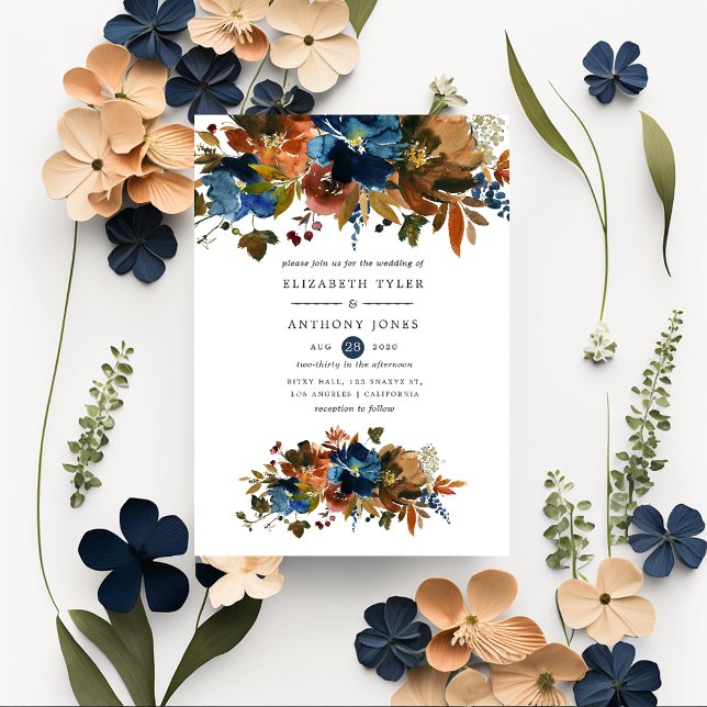 Ginger and Navy Floral Wedding Invitation (Creator Uploaded)
