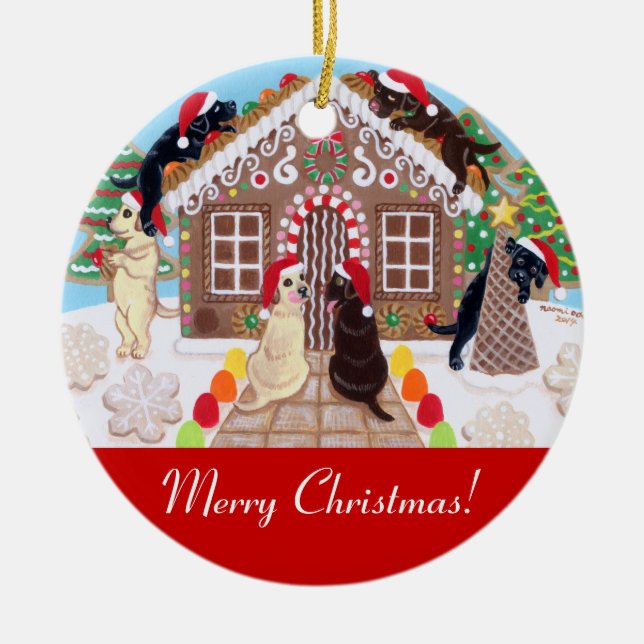 Ginger Bread House Labradors Painting Ceramic Tree Decoration (Front)