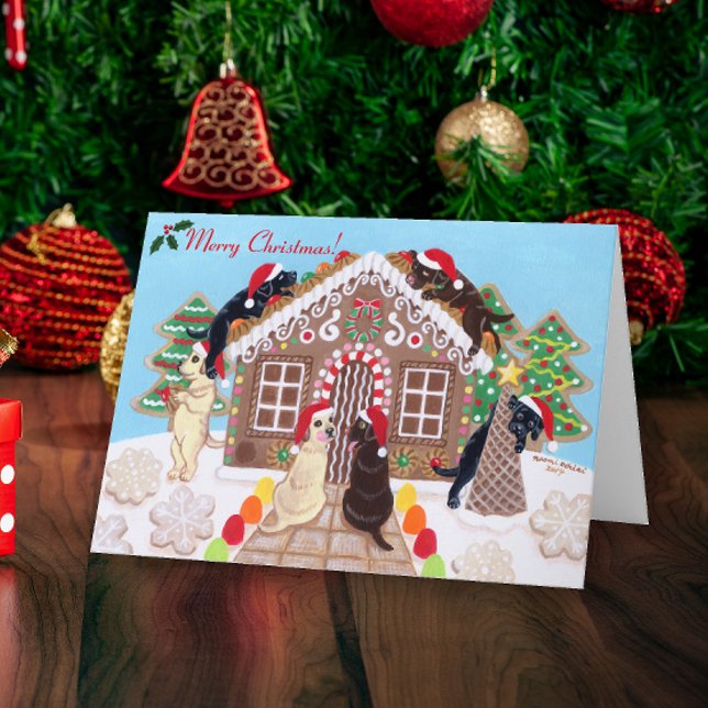 Ginger Bread House Labradors Painting Holiday Card (Ginger Bread House Labradors Design Christmas Cards for Labrador Owners.  Cute Labrador Painting.)