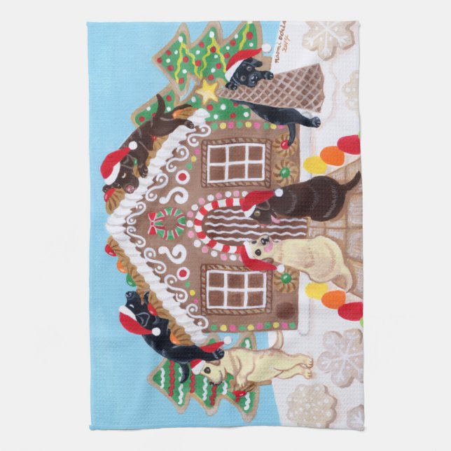 Ginger Bread House Labradors Painting Tea Towel (Vertical)