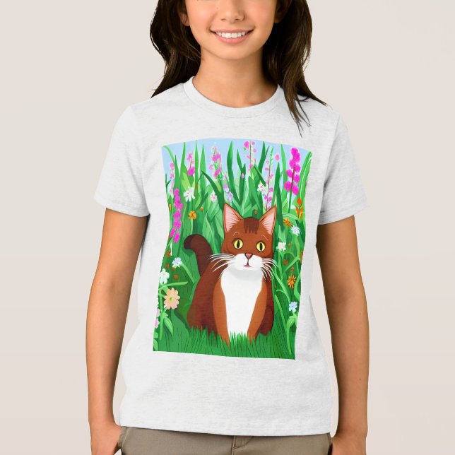 Ginger Brown Kitty in a Field of Flowers Kid's Tee (Front)