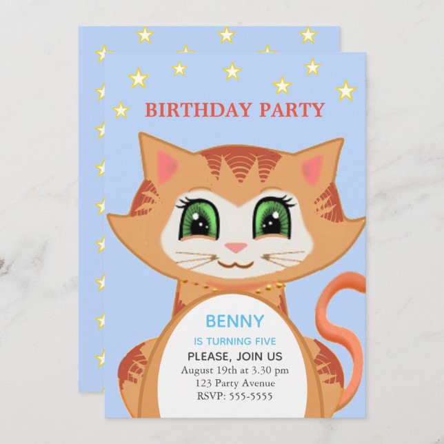 Ginger Cat 5th Boy Birthday Party Invitation (Front/Back)