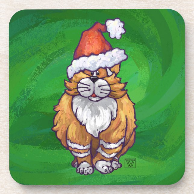 Ginger Cat Christmas On Green Coaster (Front)