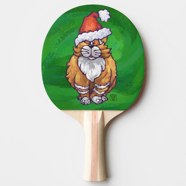 Ginger Cat Christmas On Green Ping Pong Paddle (Front)