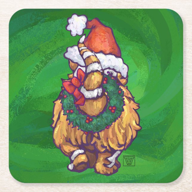 Ginger Cat Christmas On Green Square Paper Coaster (Front)