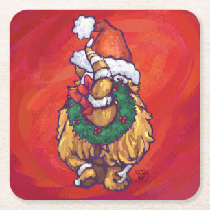 Ginger Cat Christmas On Red Square Paper Coaster
