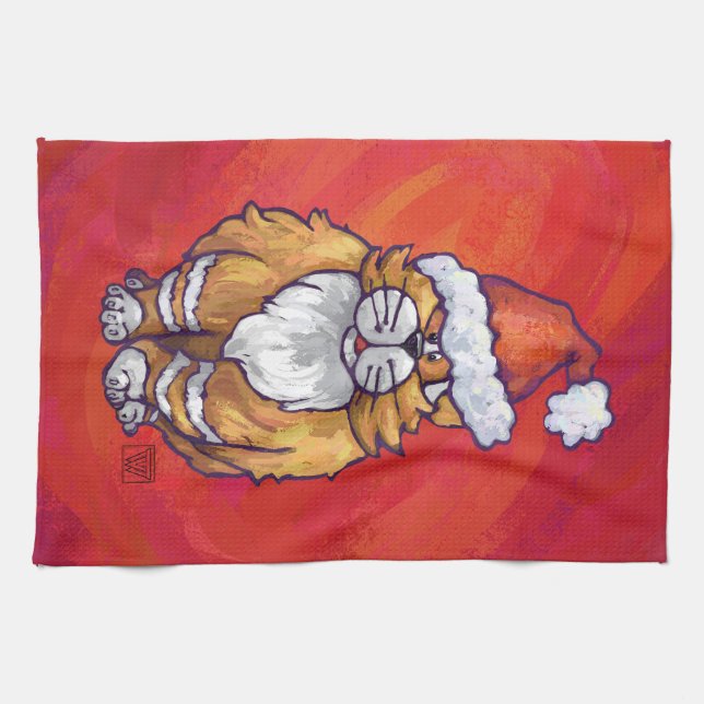 Ginger Cat Christmas On Red Tea Towel (Horizontal)