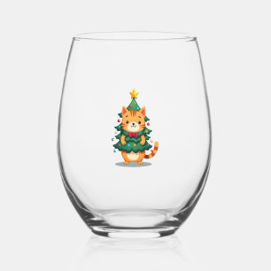 Ginger Cat Christmas Tree Cute Xmas 2 Stemless Wine Glass