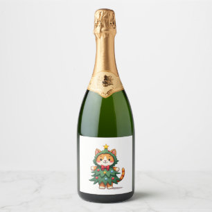 Ginger Cat Christmas Tree Cute Xmas 3 Sparkling Wine Label
