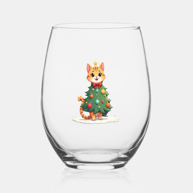 Ginger Cat Christmas Tree Cute Xmas Girls Kids Tod Stemless Wine Glass (Front)