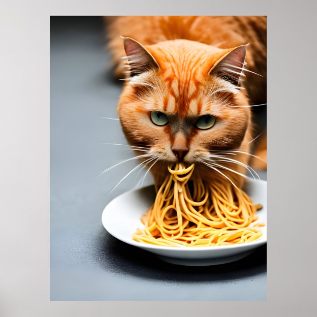 Ginger Cat Eating Spaghetti Poster (Front)