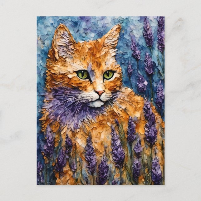 ginger cat in a lavender field  postcard (Front)