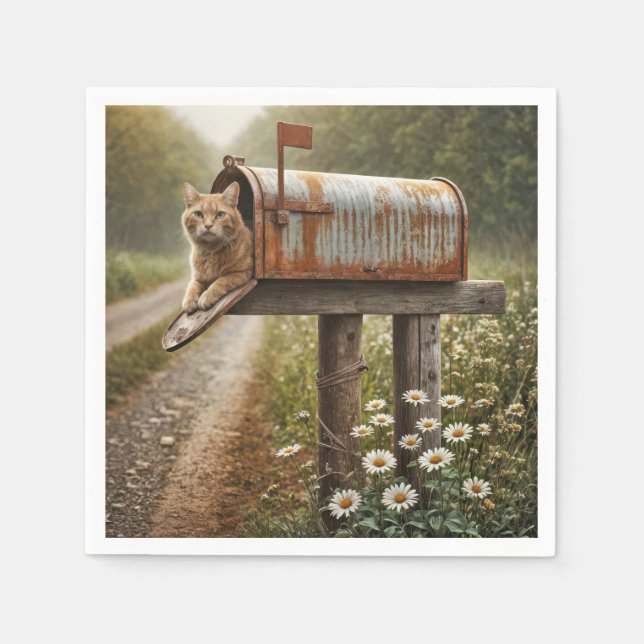 Ginger Cat In a Mailbox Napkin (Front)