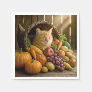 Ginger Cat In a Thanksgiving Cornucopia Napkin