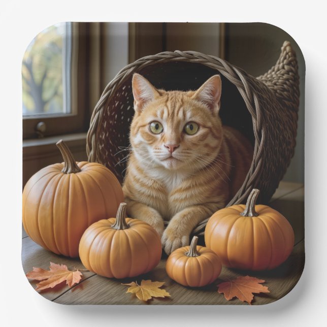 Ginger Cat In a Thanksgiving Cornucopia  Paper Plate (Front)