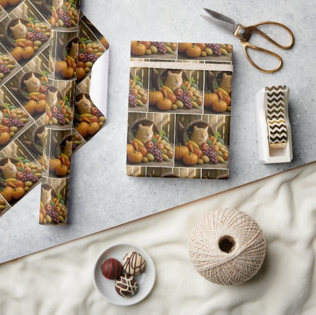 Ginger Cat In a Thanksgiving Cornucopia Wrapping Paper (Crafts)