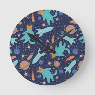 Ginger cat in space galaxy adventure round clock