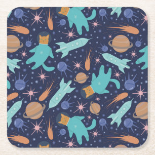 Ginger cat in space galaxy adventure square paper coaster