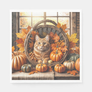 Ginger Cat in Thanksgiving Cornucopia Napkin