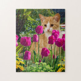 Ginger Cat in Tulip Garden Jigsaw Puzzle